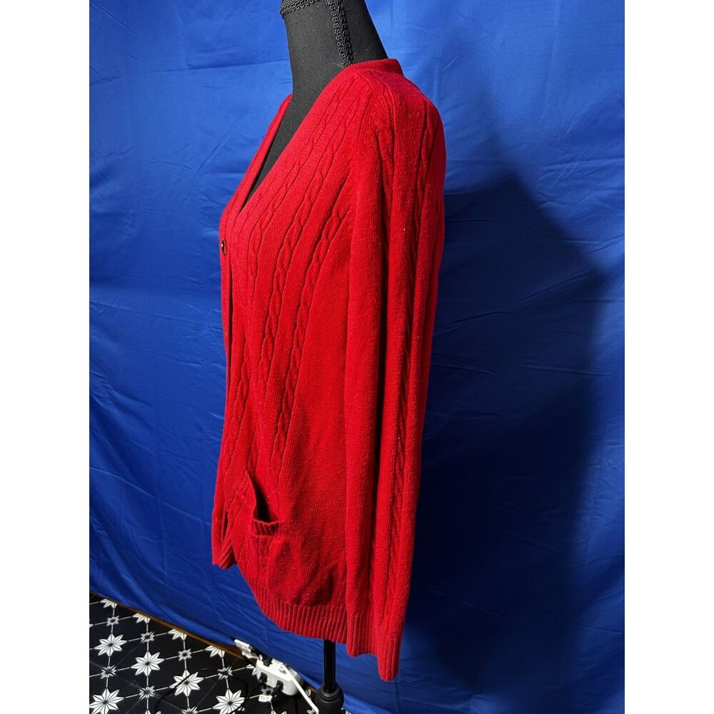 Lands End Womens Red Cable Knit Cardigan Sweater L Preppy Classic Academia Wool - Picture 4 of 12